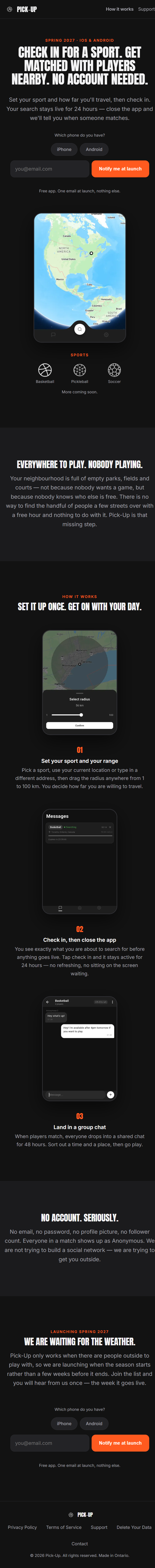 Screenshot of the Pick-Up app website homepage